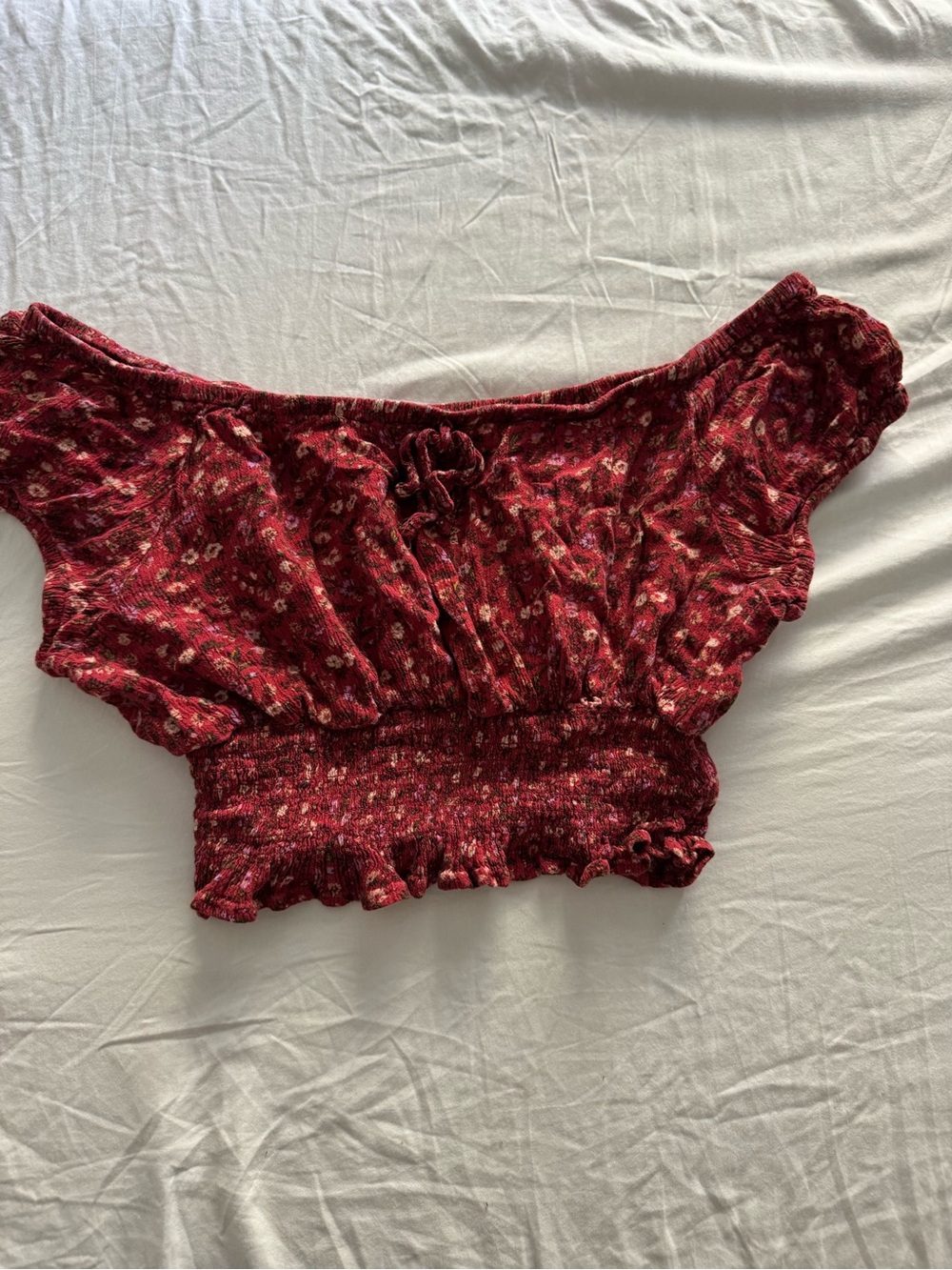 American Eagle Outfitters Burgundy Floral Off-Shoulder Crop Top